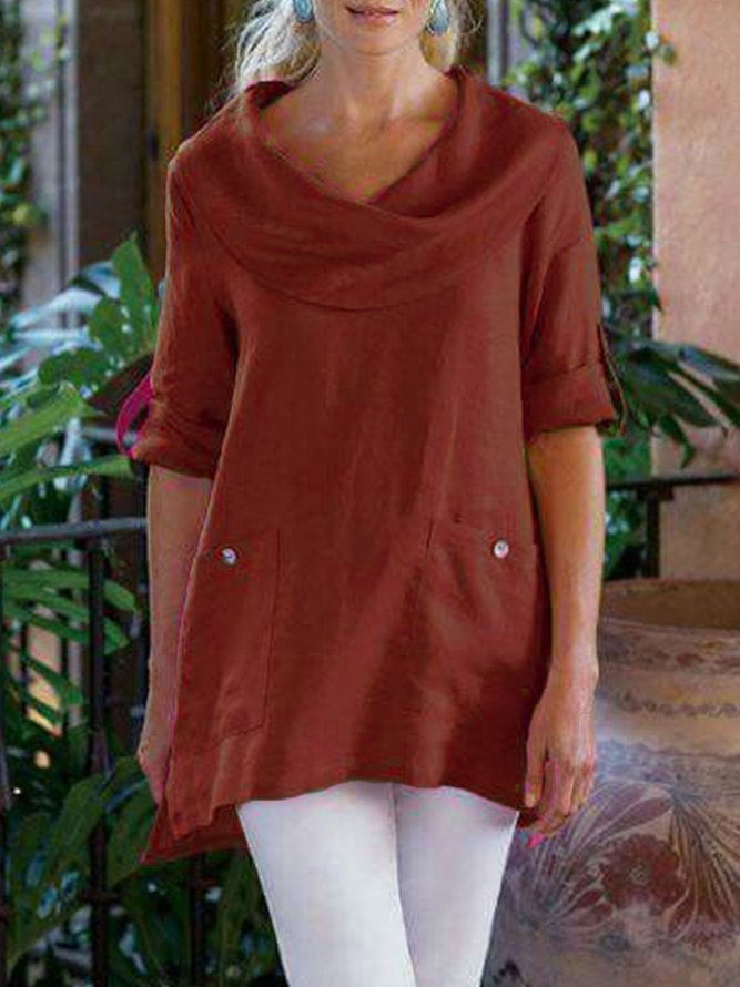 Women Pockets Solid Cowl Neck Casual Top
