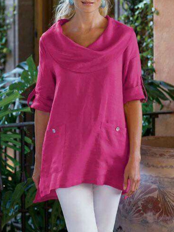 Women Pockets Solid Cowl Neck Casual Top