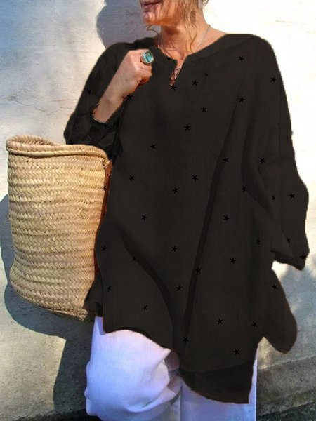 Women Long Sleeve Casual Pockets Cotton Graphic Blouse