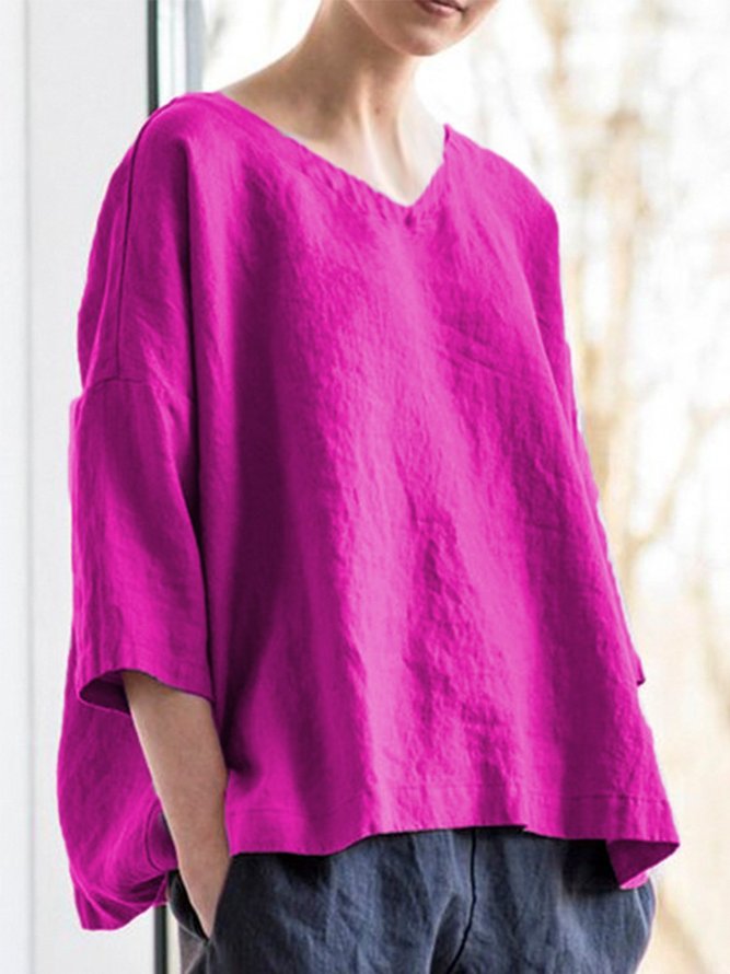 Women Casual Top V Neck Asymmetrical Long Sleeve Cotton Shirt