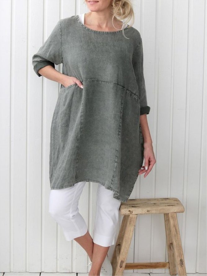 Women Pockets Plain Casual Three Quarter Sleeve Cotton and Linen Tunic Top