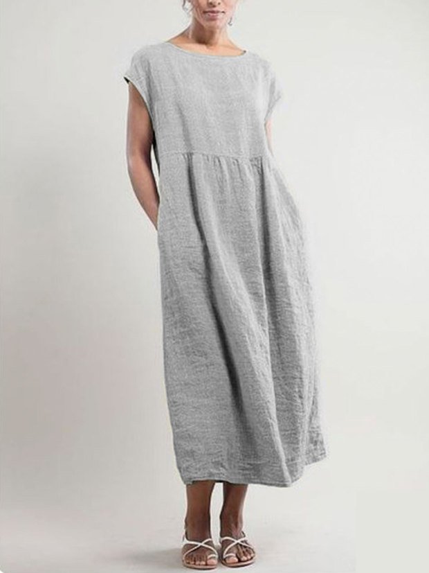 Women Cotton Casual Crew Neck Casual Solid Plus Size Linen Dresses