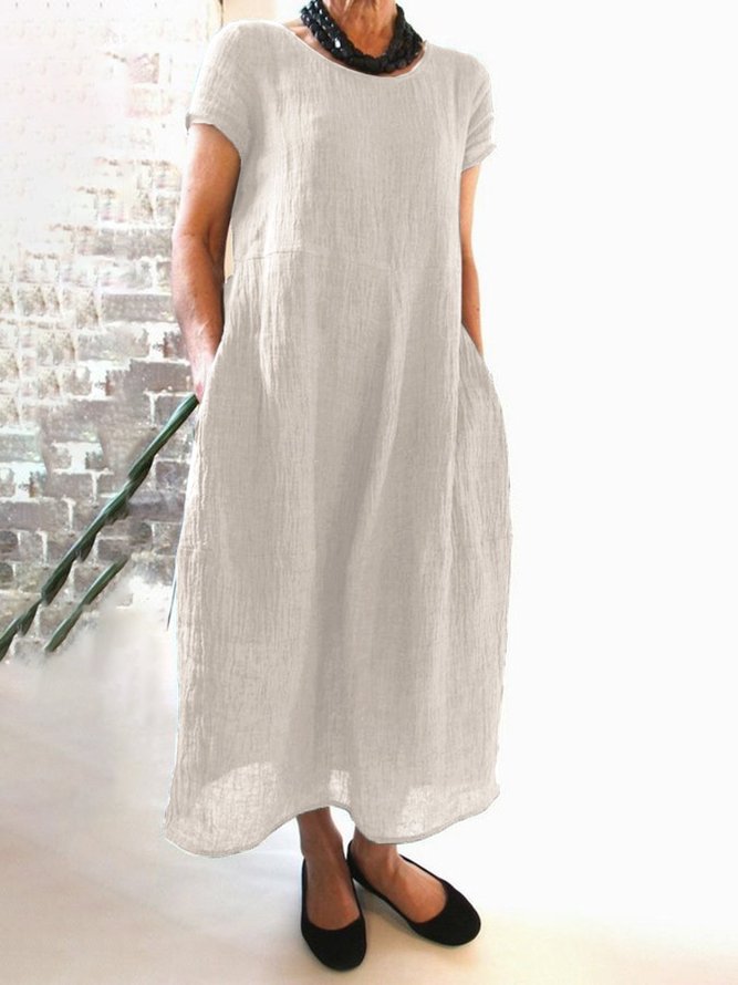 Women Linen Cotton Casual Solid Round Neck Women Dress