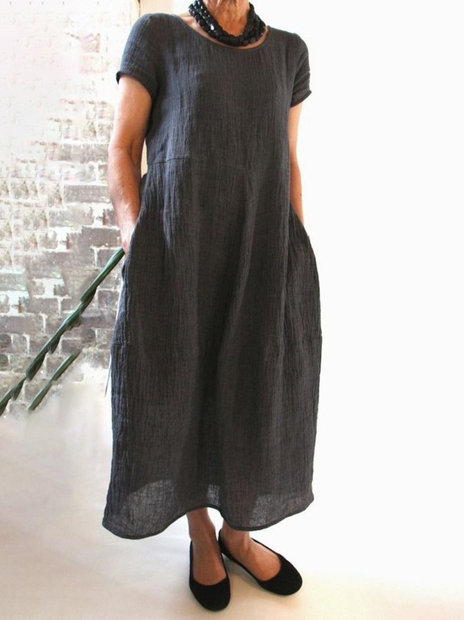 Women Linen Cotton Casual Solid Round Neck Women Dress