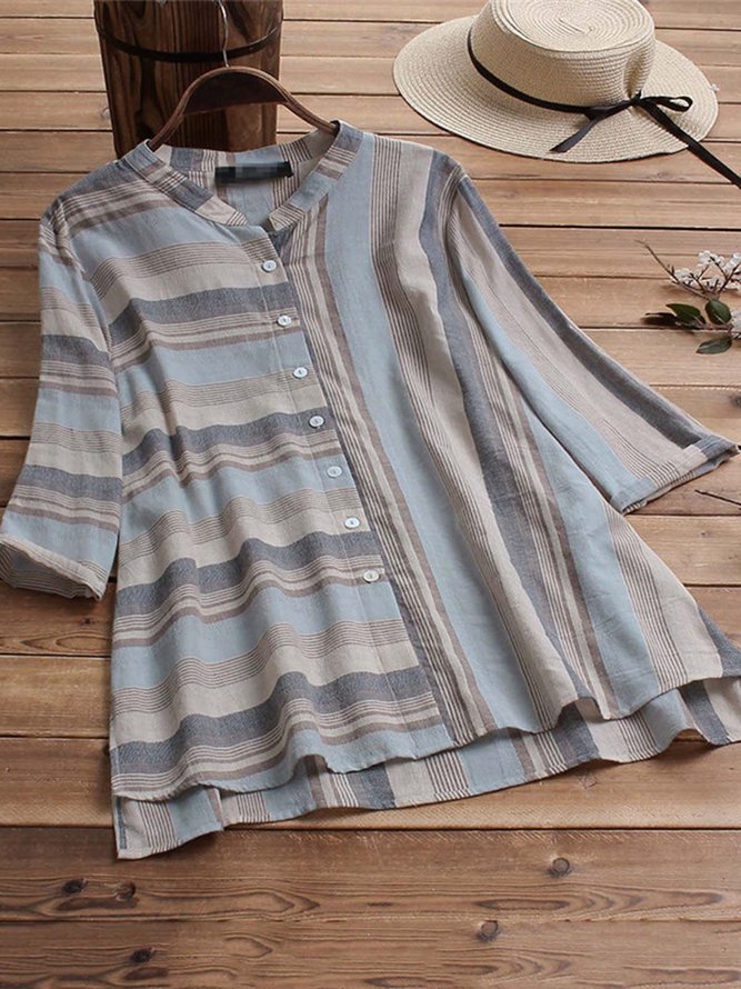 Plus Size Soft 3/4 Sleeve Striped Vintage Blouse | roselinlin