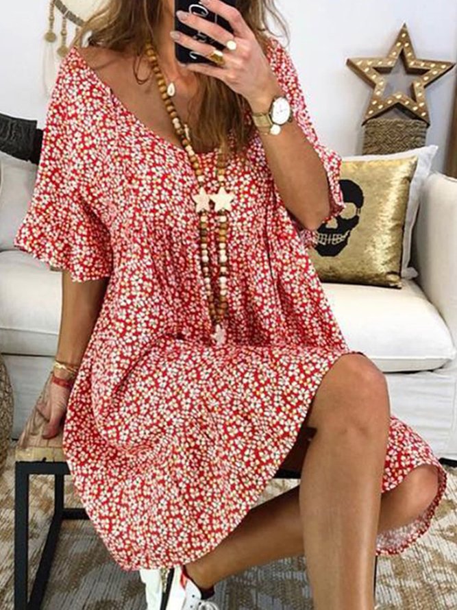 Summer Floral V Neck Beach Midi Women Dress