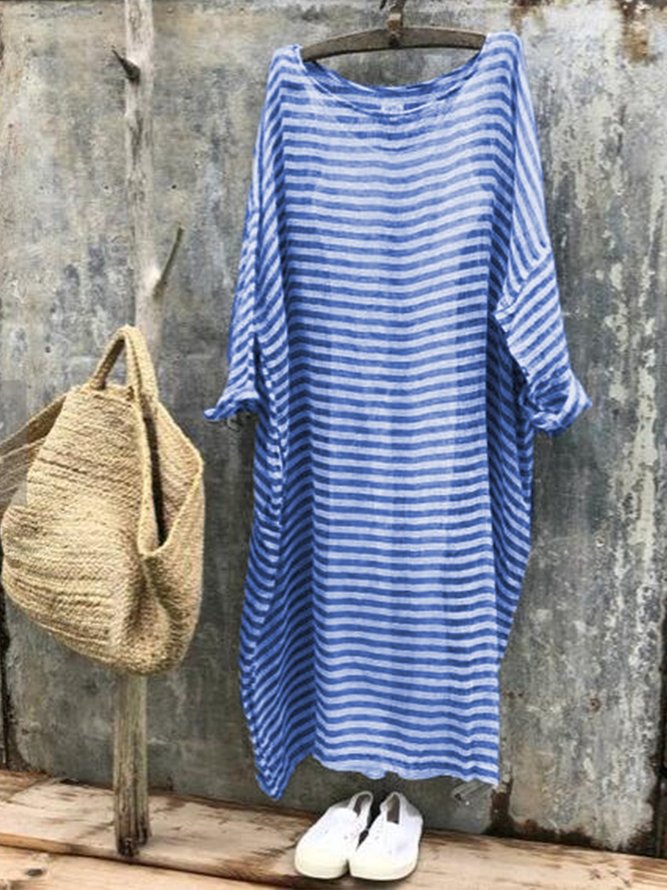 Women Striped Maxi Long Long Sleeve Tops Mini Dress