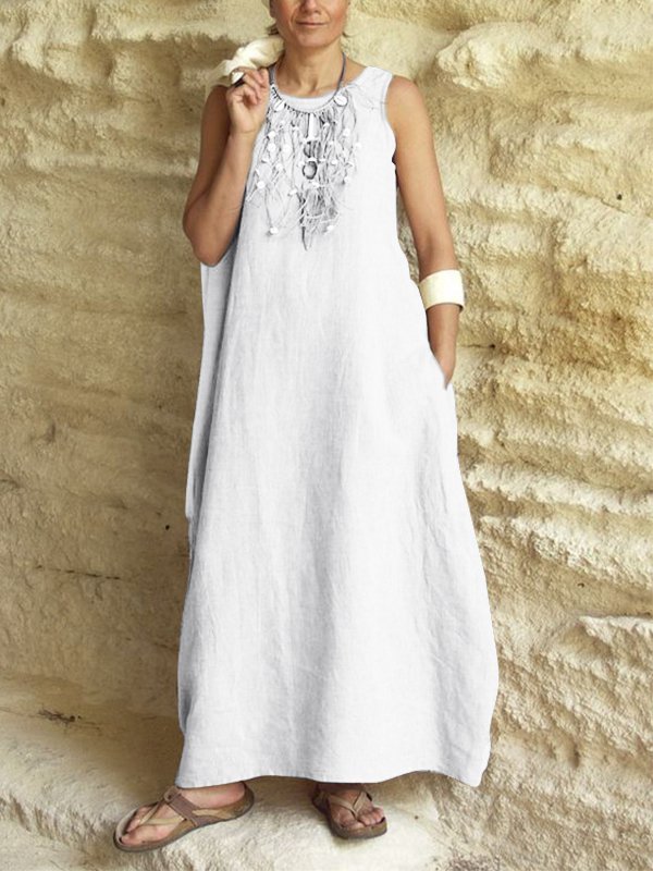 Women Sleeveless Round Neck Solid Casual Maxi Dress With Pockets