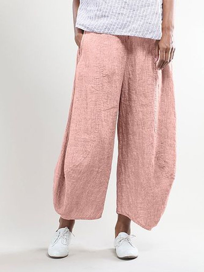 Women Elastic Waist Pockets Cotton Solid Basic Loose Pants