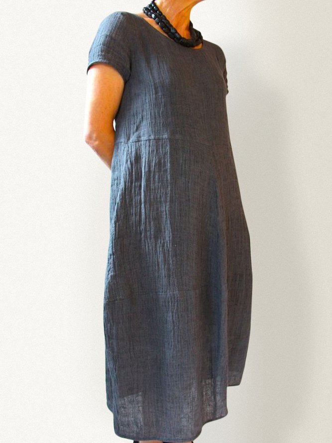 Women Linen Plain Pockets Round Neck Short Sleeve Shift Maxi Dress