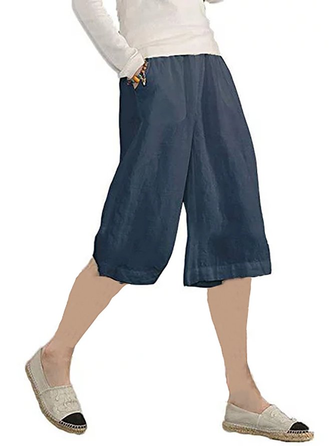 Casual Solid Pockets Shorts Capri  Pants
