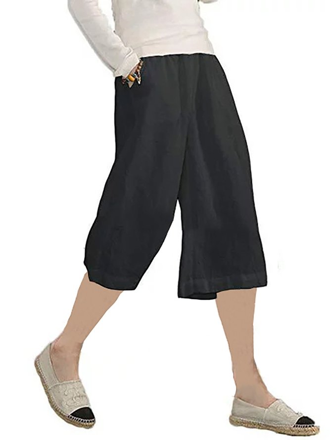 Casual Solid Pockets Shorts Capri  Trousers