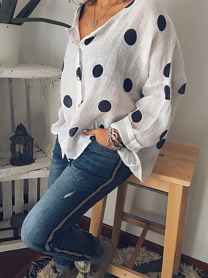Casual Polka Dots Buttoned Plus Size V Neck Long Sleeve Blouse