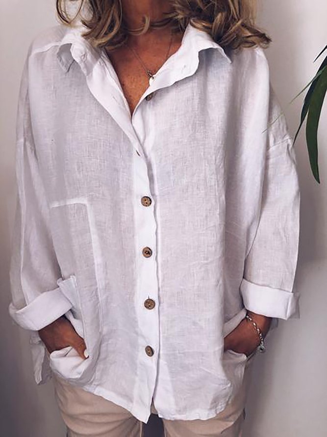 Women Plus Size Shirt Collar Solid Long Sleeve Pocket Shirt