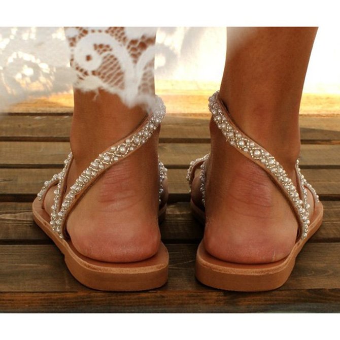 Women Boho Handmade Pearl Beach Sandals Bridal Shoes - JustFashionNow.com