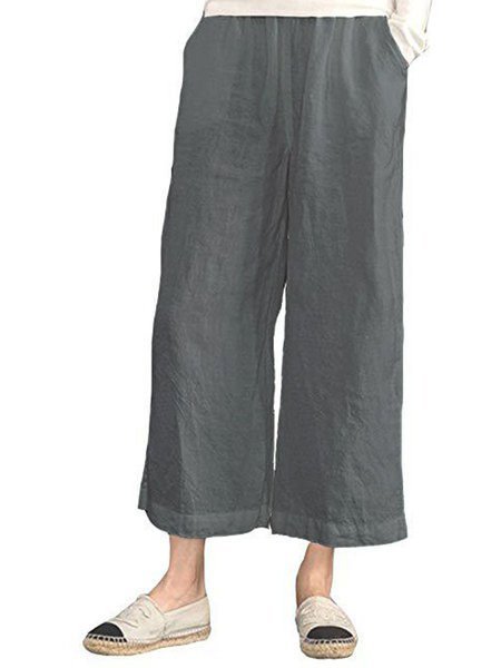 Womens Casual Loose Pockets Elastic Waist Cotton Linen Trousers Cropped Wide Leg Pants