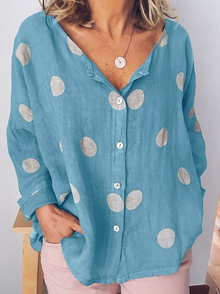 Women Polka Dots Buttoned Long Sleeve Casual Top