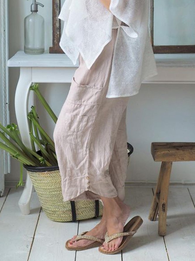 Women Plus Size Daily Shift Casual Cotton Buttoned Solid Pockets Pants