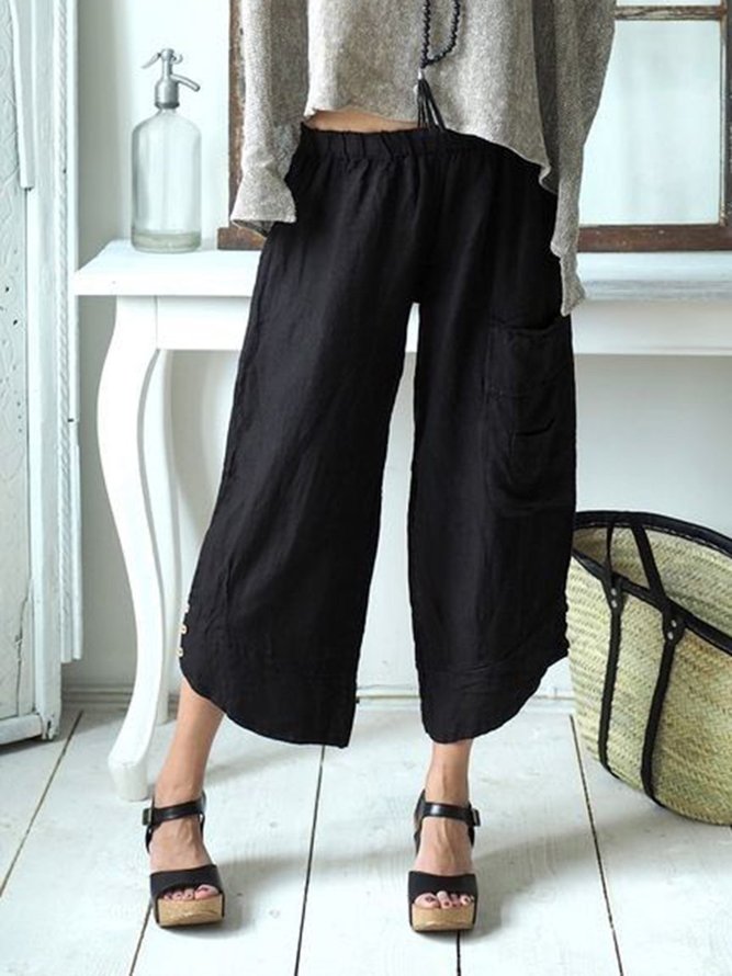 Women Plus Size Daily Shift Casual Cotton Buttoned Solid Pockets Pants