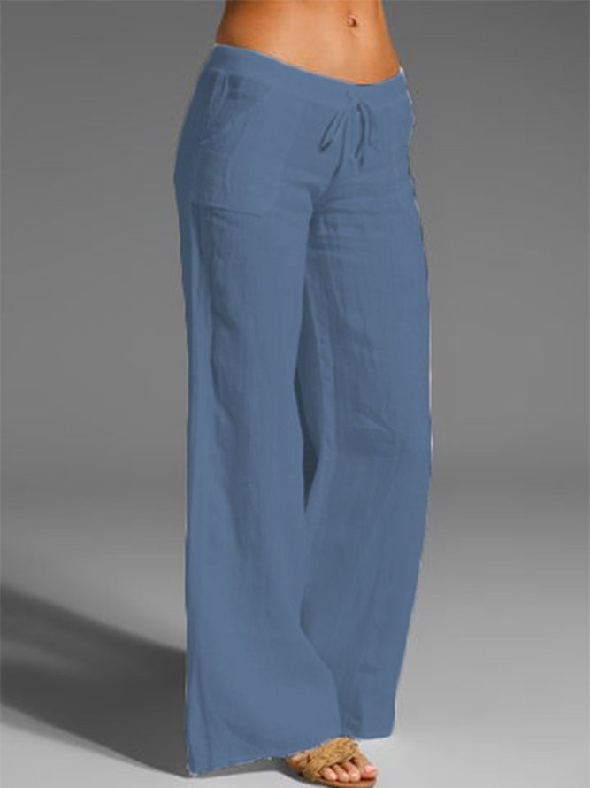 Women Solid Basic Drawstring Waist Linen Cotton Wide Leg Pants With Pockets