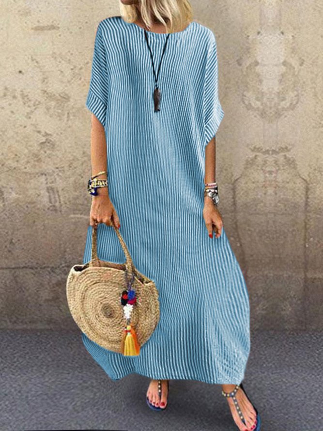 Stripes Round Neck Holiday Casual Half Sleeve Weaving Dress