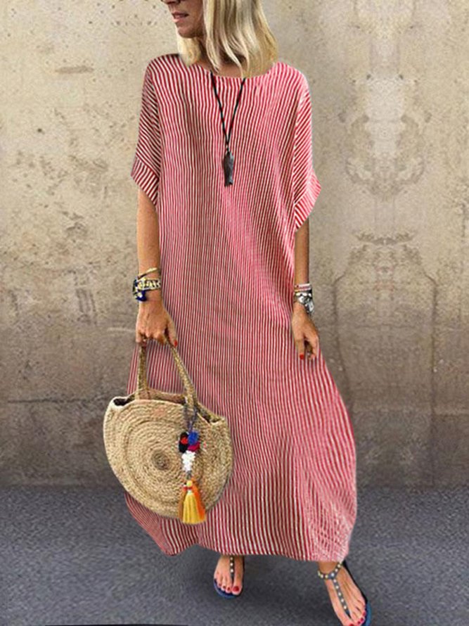 Stripes Round Neck Holiday Casual Half Sleeve Weaving Dress