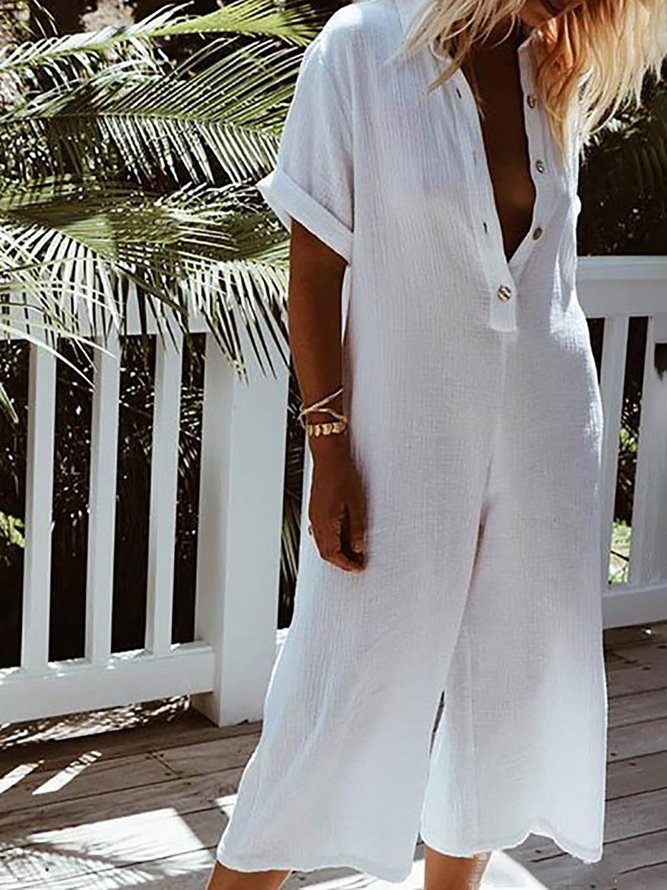 Women Casual Solid Short Sleeve Button Jumpsuits roselinlin