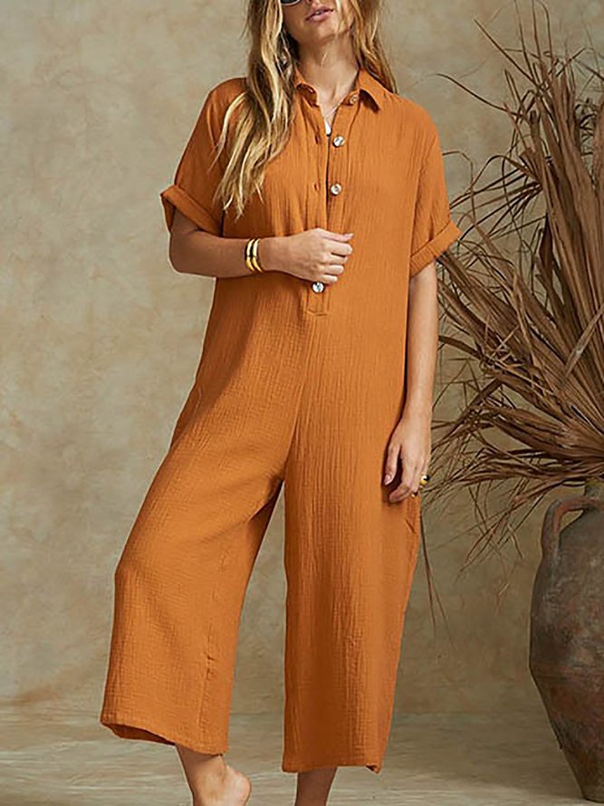 Women Casual Solid Short Sleeve Button Jumpsuits roselinlin