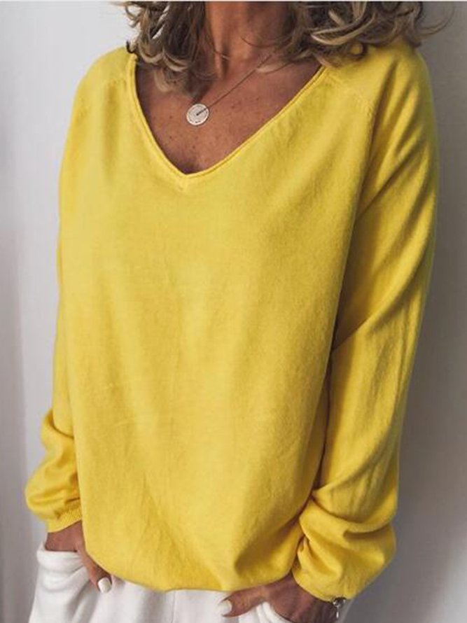 Women Cotton-Blend Long Sleeve V Neck Top