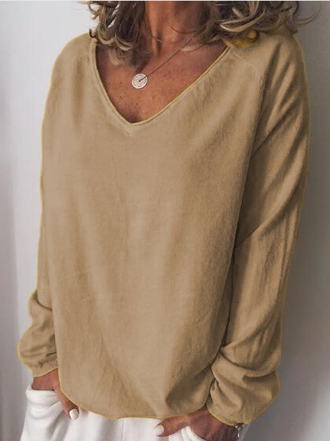 Women Cotton-Blend Long Sleeve V Neck Top