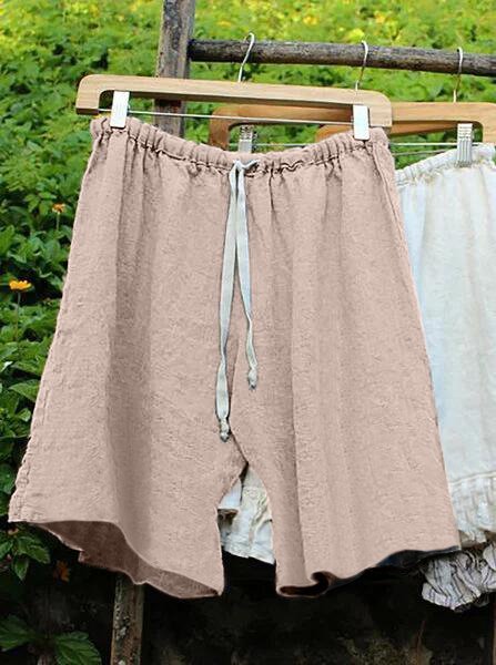 Women Casual Plain Drawstring Waist Loose Cotton Linen Summer Shorts