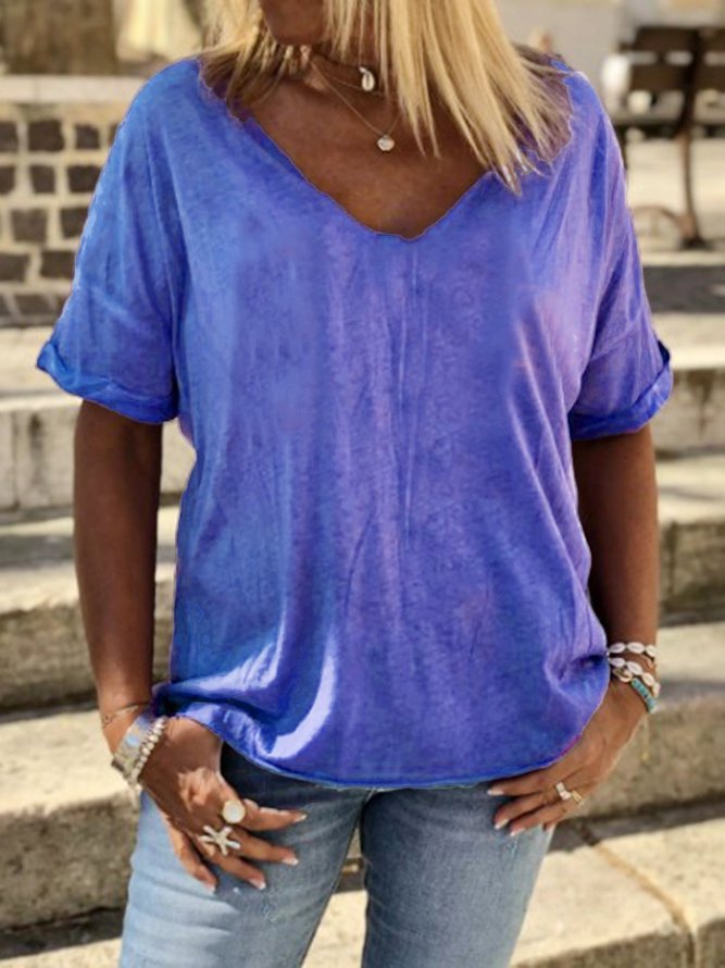 Plain Cotton-Blend V Neck Casual T-shirt