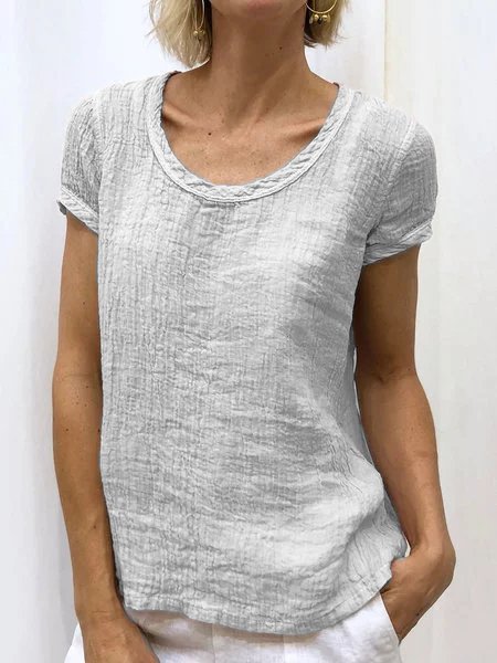 Casual Crew Neck Short Sleeve Linen Shirt