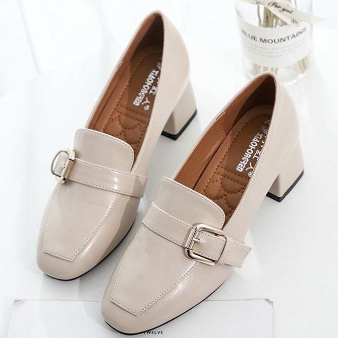 Middle Heel Pu Square Toe Women Loafers | roselinlin