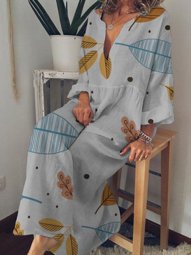 Women Casual Printed V-neck Long Sleeve Dress