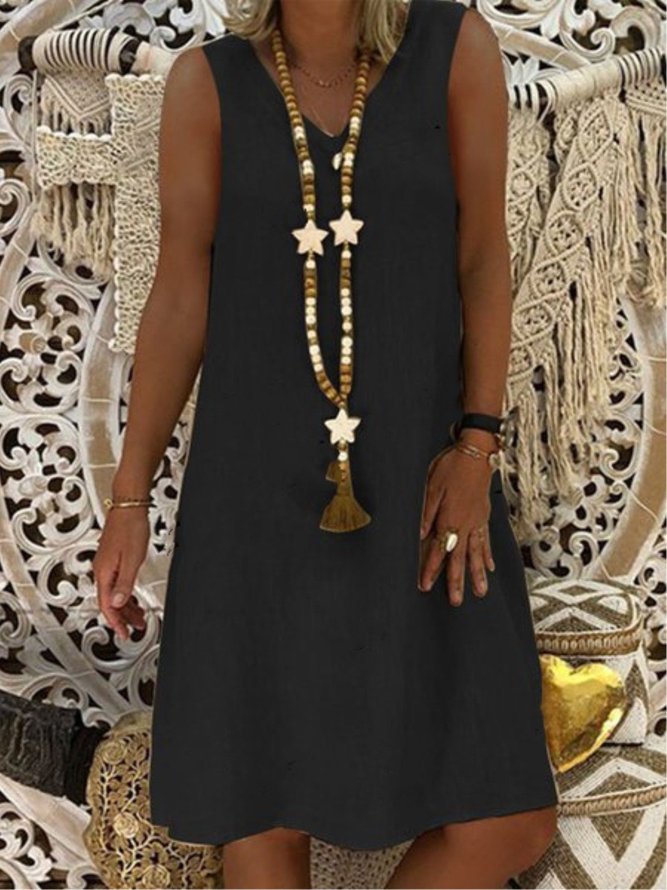 Women Plain Casual Loose V Neck Sleeveless Tank Dress