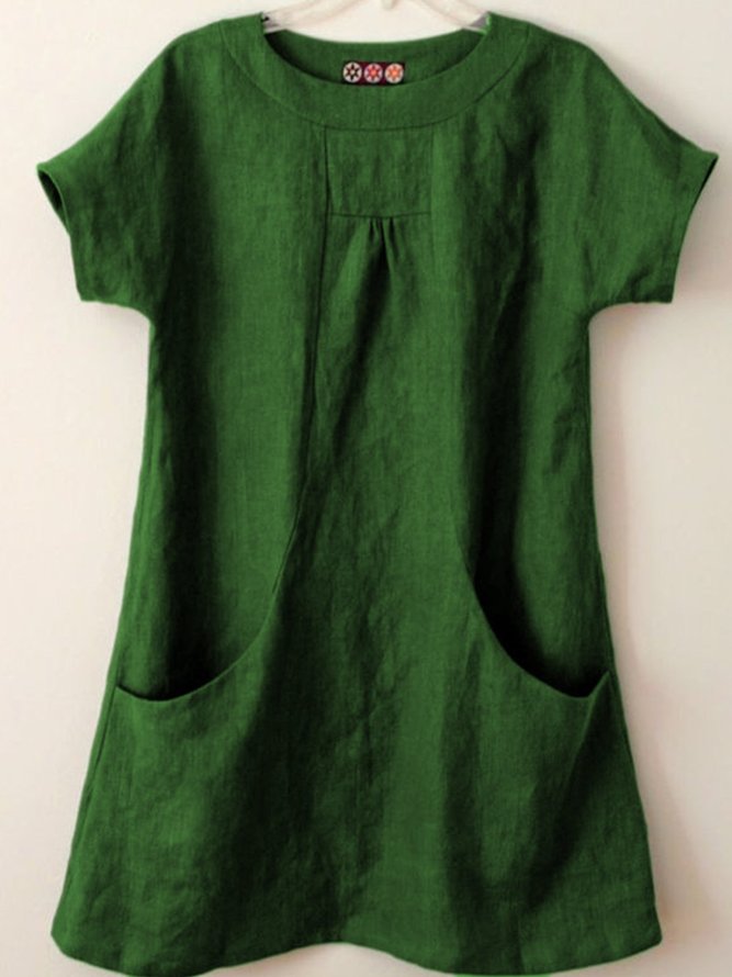 Women Casual Plain Loose Pockets Crew Neck Short Sleeve Linen Tunic Top