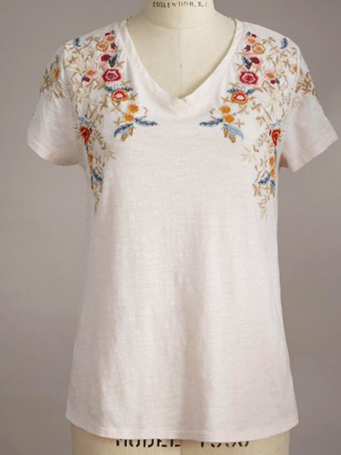 Cotton-Blend Crew Neck Casual Floral Top