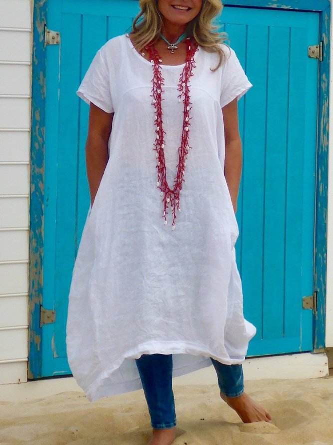 Plus Size Solid Round Neck Short Sleeve Dresses Dresses Aws Roselinlin Summer Dresses 1 Sundress Daily Round Neck Pockets Casual Short Sleeve Dresses Roselinlin