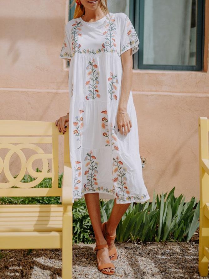 Round Neck Cotton Holiday Floral Dress