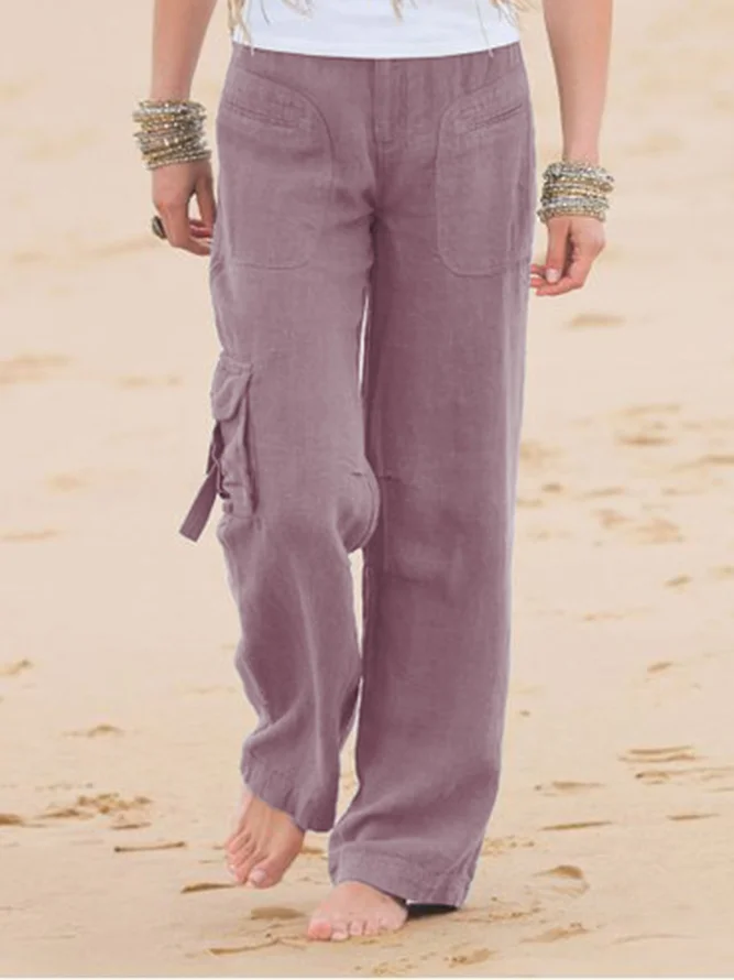 Women Cotton Linen Casual Pockets Pants