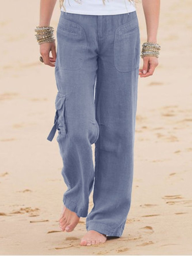 Women Cotton Linen Casual Pockets Pants