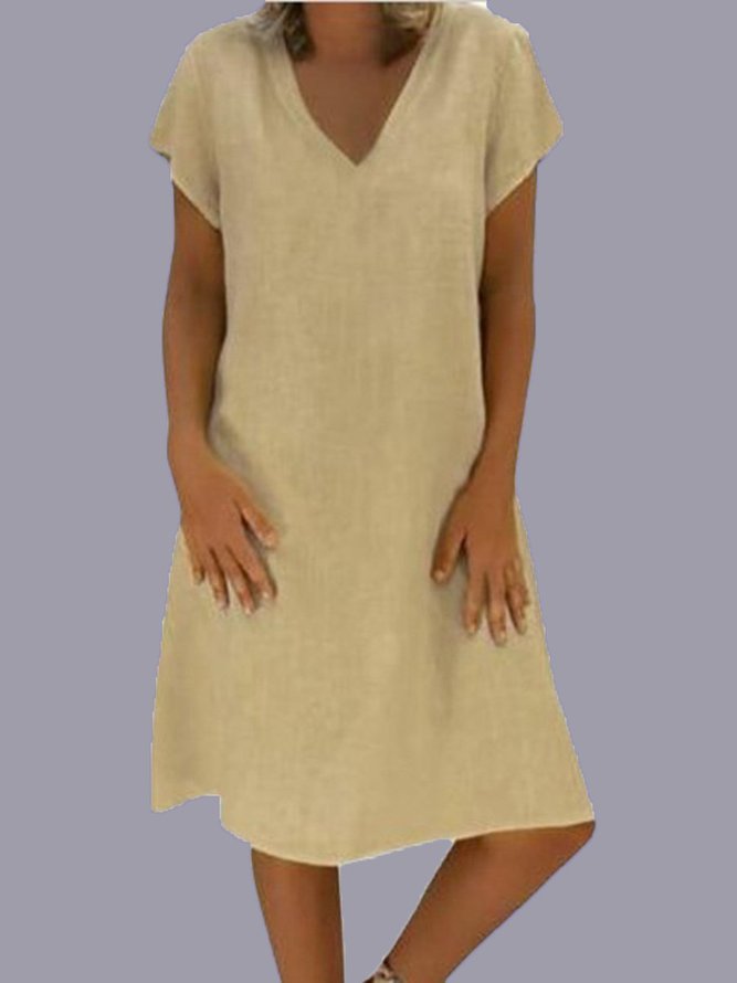 Casual Short Sleeve Cotton V Neck Knitting Dress