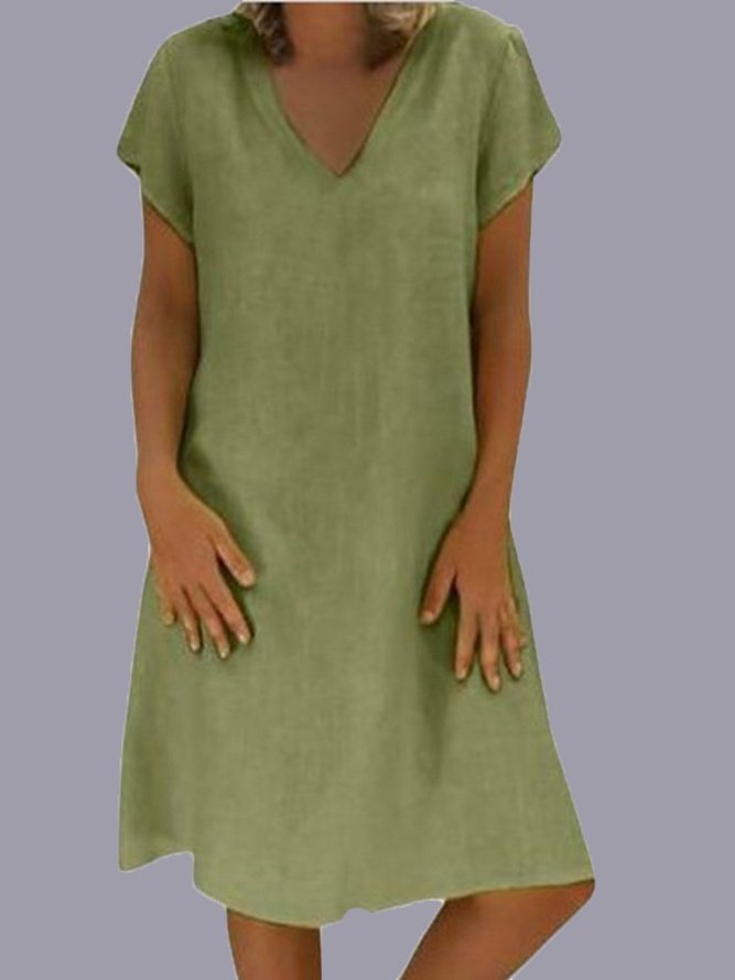 Casual Short Sleeve Cotton V Neck Knitting Dress