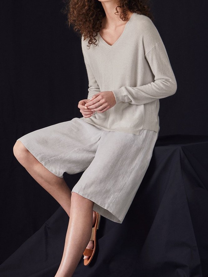 Cotton-Blend Casual Pockets Solid Pants