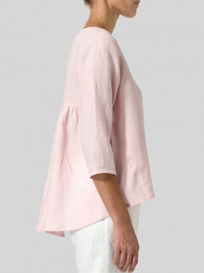 Women Loose Crew Neck Plain Summer Plus Size Three Quarter Sleeve Linen Tunic Top