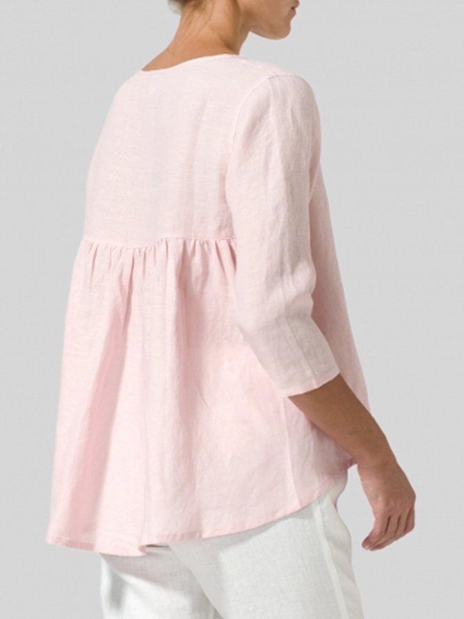 Women Loose Crew Neck Plain Summer Plus Size Three Quarter Sleeve Linen Tunic Top