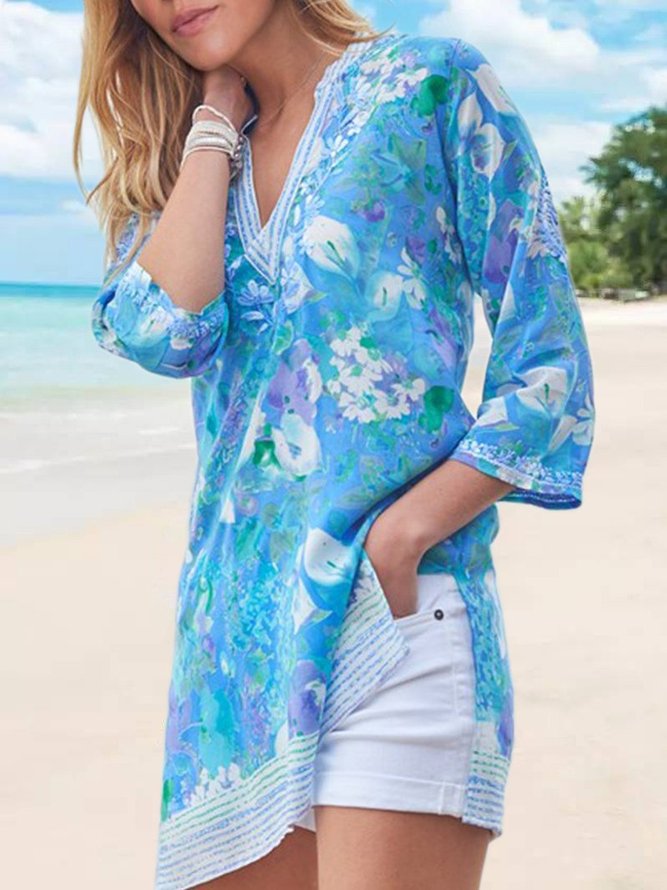 Floral-Print Half Sleeve V Neck blouse T-shirt