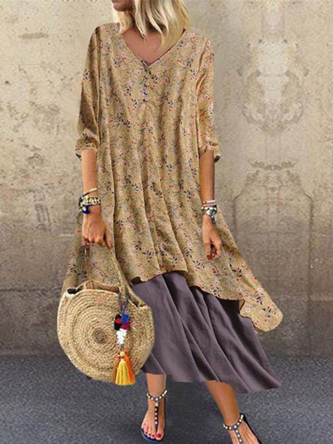 V Neck Women A-Line Going Out Boho Cotton Dress