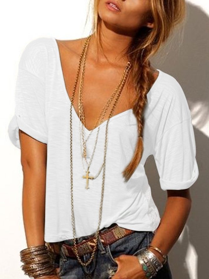Casual Solid V Neck Top